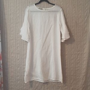White linen shift dress with ruffle sleeves size M
